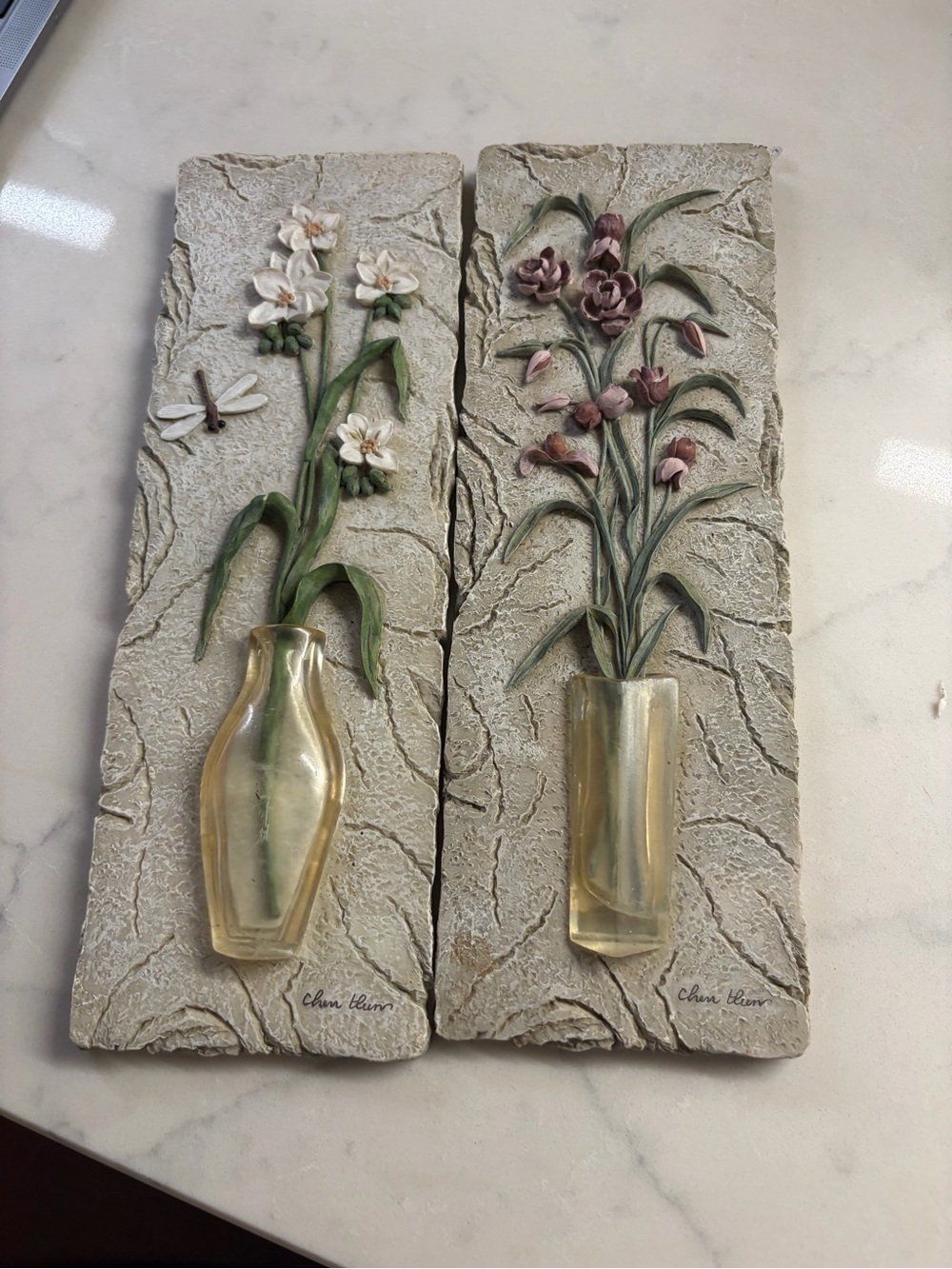 Vintage Signed Chen Blum Floral Wall Vase Plaques – Set of 2 Botanical Art